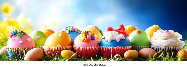 Colorful Easter Cupcakes and Eggs Decorated