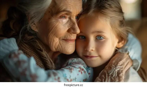 An Elderly Woman and a Young Girl Share a Tender Moment