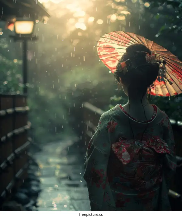 A woman in a kimono walking in the rain with an umbrella.