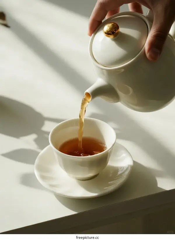 Pouring Hot Tea from Ceramic Teapot into Small Cup