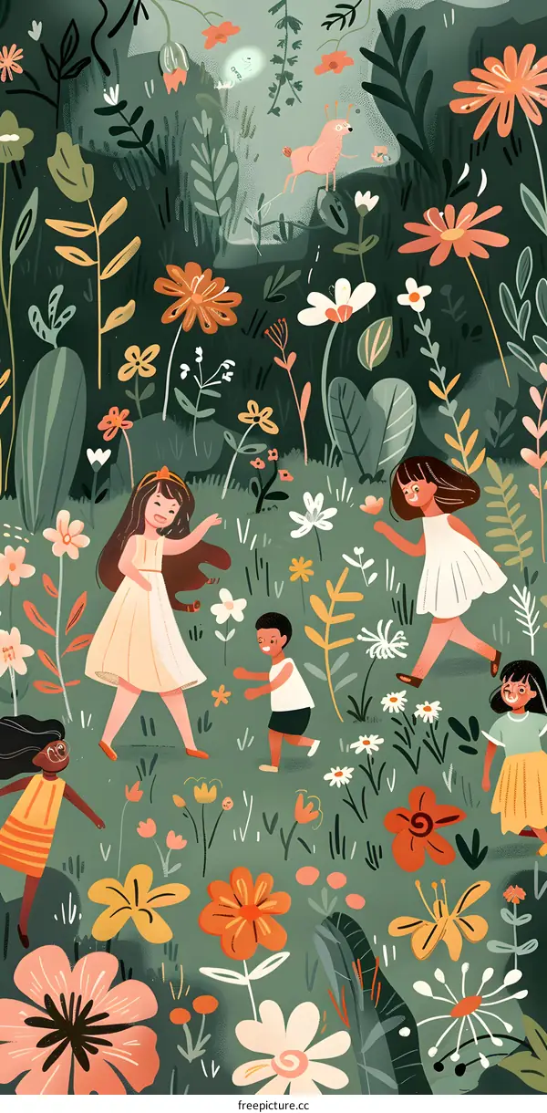 Kids Playing in the Garden with Flowers