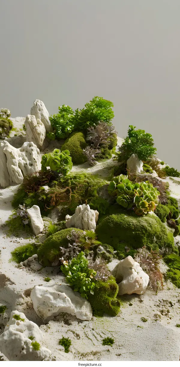 Green Moss on White Sand in Nature Background