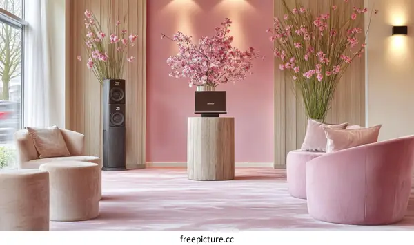 Modern Pink Lobby Lounge with Cherry Blossom Decor