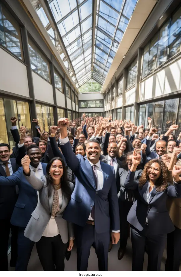 A group of diverse business professionals celebrating their success