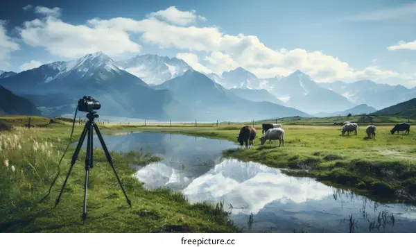 A photographer's camera on a tripod in a beautiful mountain landscape with a river and grazing cows