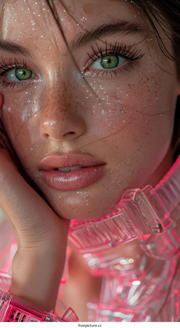 Close-up portrait of a young woman with green eyes and freckles wearing a pink plastic necklace