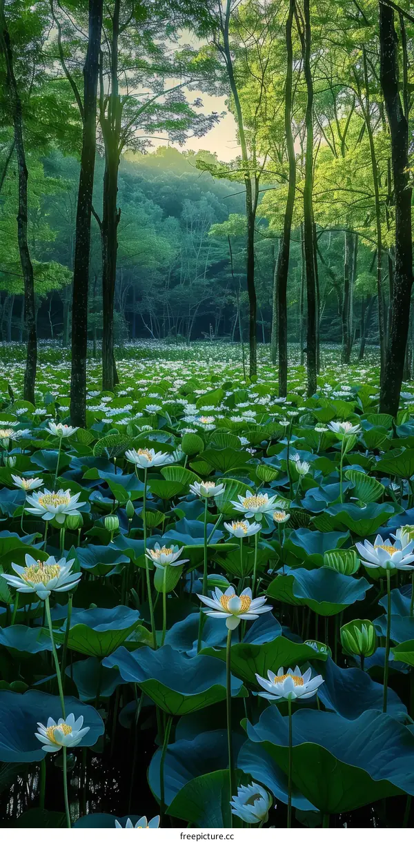 White flowers in a green forest