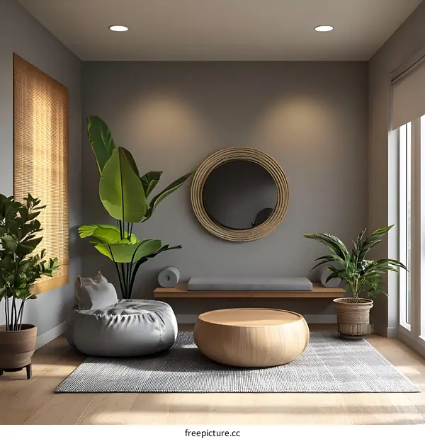Modern Minimalist Living Room Interior Design with Gray Wall and Natural Elements