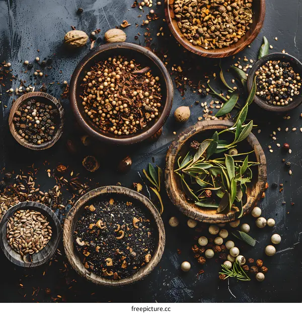Various Spices In Wooden Bowls On Black Background