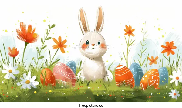 Easter bunny with colorful eggs among spring flowers