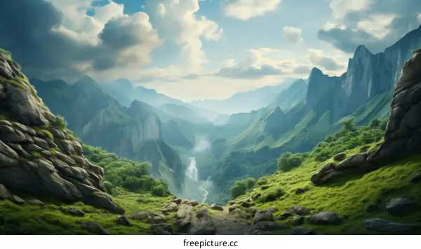 fantasy landscape with mountains and waterfall