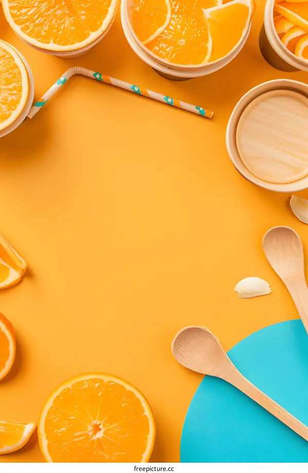 Orange Slices and Wooden Spoons on a Yellow Background