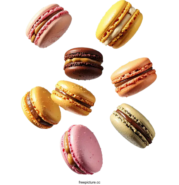 [Transparent Background PNG]Colorful Macarons in Mid-Air Delight