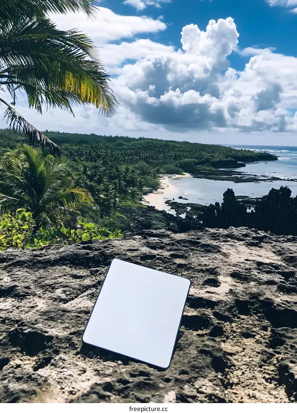 Blank Tablet On A Tropical Cliff Overlooking A Beach