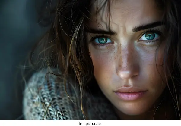 Portrait of a young woman with green eyes and freckles
