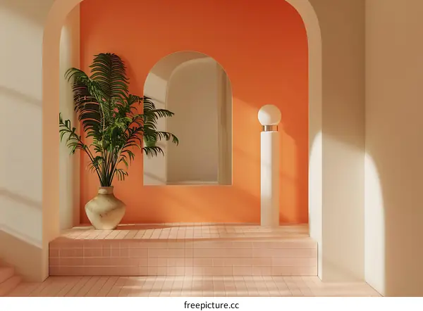 Minimalist Interior Design With Palm Tree and Arched Doorway