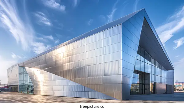A modern silver metal building with a geometric design and large glass windows reflecting the sky