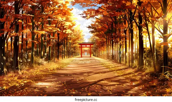 The path in the middle of the woods with red torii gates and fallen leaves