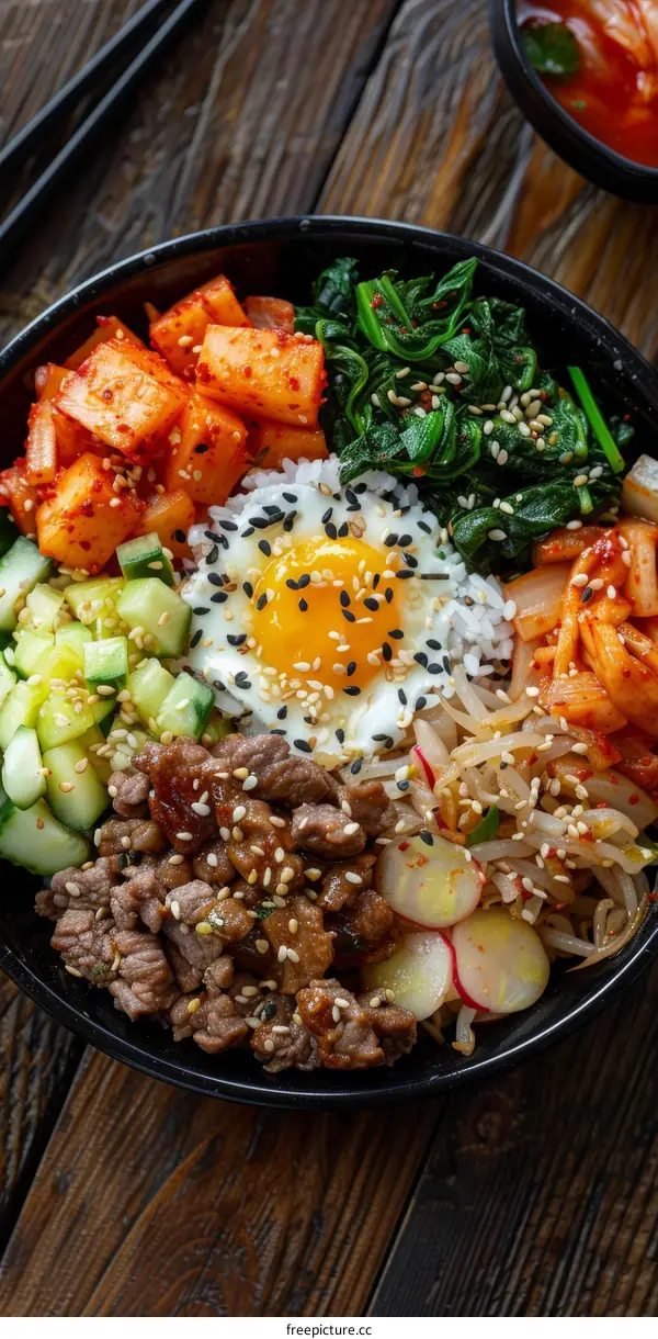 Korean Bibimbap: Colorful Rice Bowl with Meat, Egg, and Vegetables