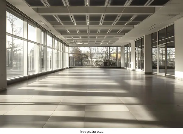 Modern Office Building Interior with Large Windows and Sunbeams