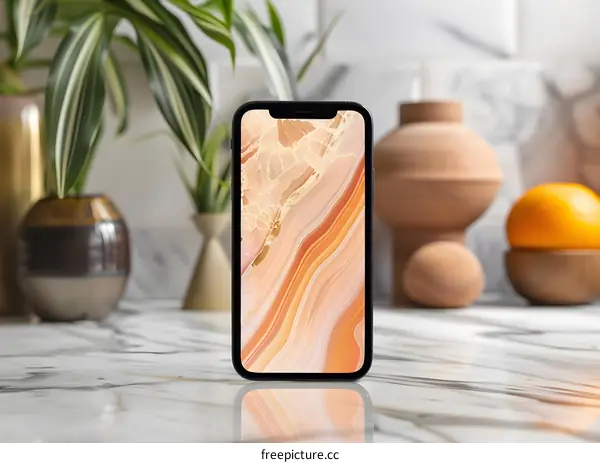 Phone with Abstract Agate Design Wallpaper on Marble Surface