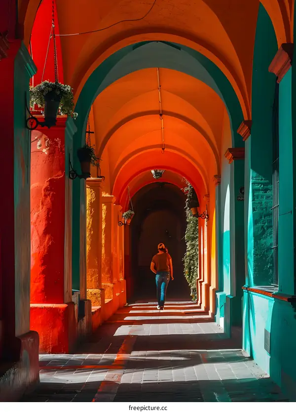 Woman Walking Through Colorful Archway