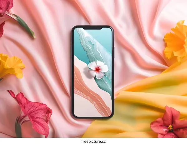 Minimalist Phone Mockup with Flowers on Pink and Yellow Fabric