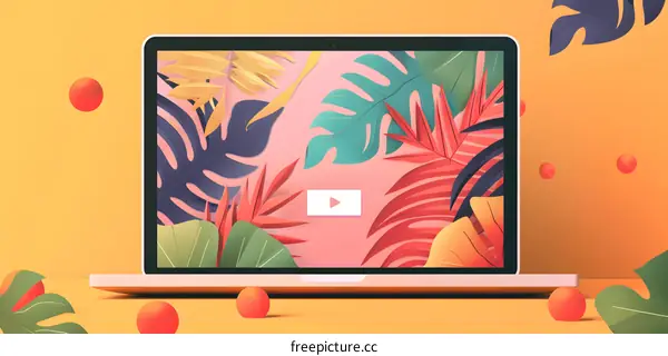 Laptop Screen with Tropical Leaves and Play Button