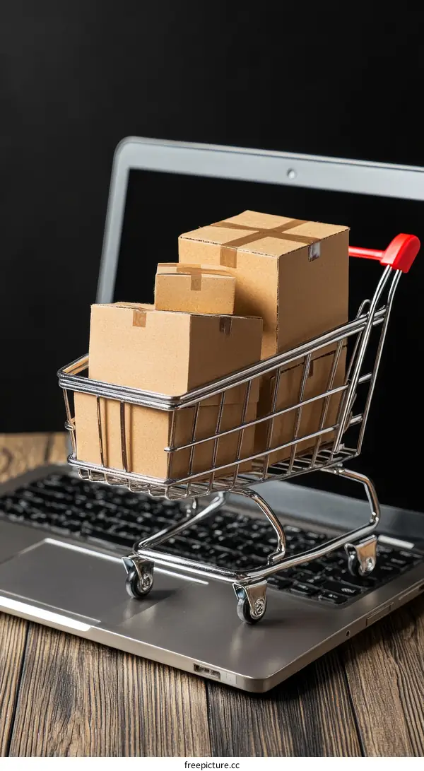Online Shopping Cart with Packages on Laptop