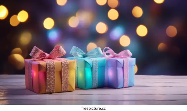 Three wrapped gifts against a blurred background of twinkling lights