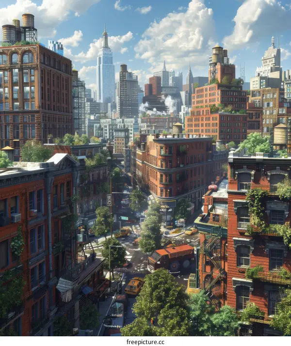 A post-apocalyptic city with overgrown plants