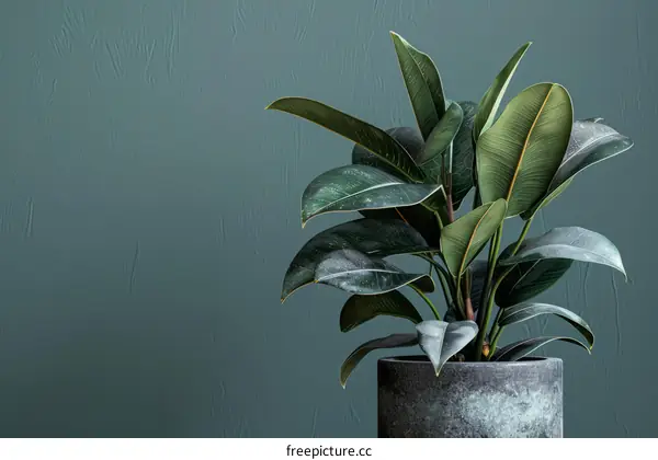 A potted plant with large green leaves sits in front of a solid green background.
