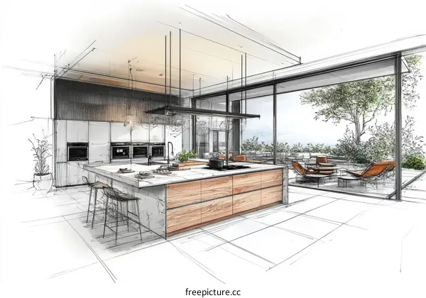 Modern Kitchen Design Sketch with Outdoor View