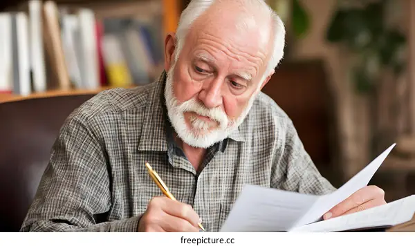 Senior Man Writing on Paper Documents