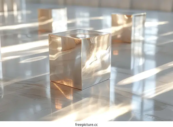 Reflective Cubes on Marble Floor with Light Rays