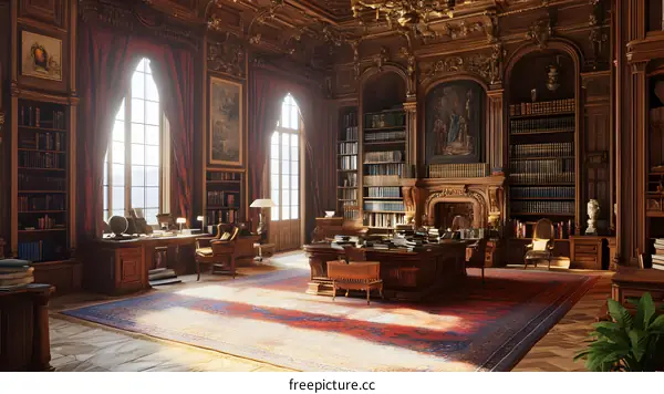 Luxurious Library Interior With Large Windows