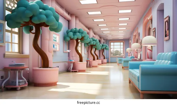 A surreal hospital waiting room with cartoonish trees