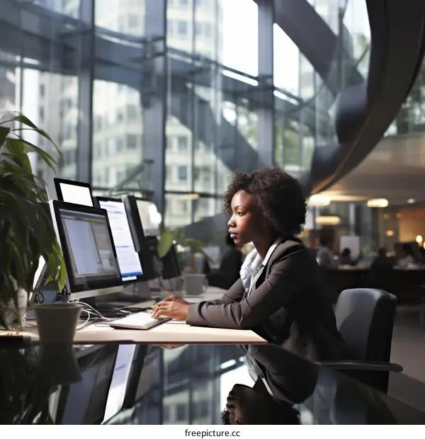 Black woman working at a computer in an office
