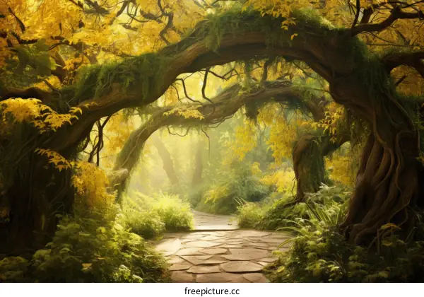 fantasy forest path overgrown with moss