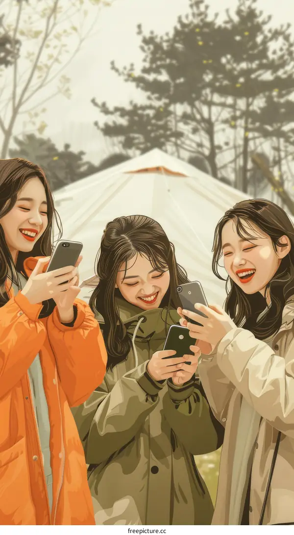Three young women looking at their phones in a tent