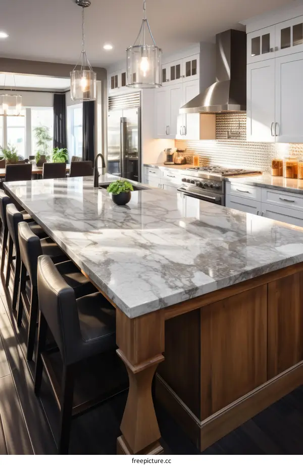 Sophisticated Kitchen Island with Marble Top and Wood Base