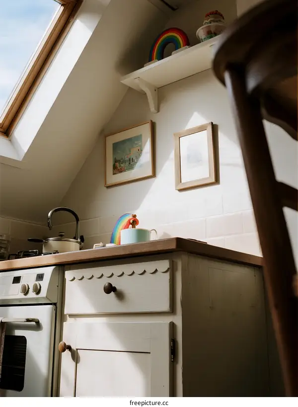 Cozy Attic Kitchen with White Cabinetry and Skylight
