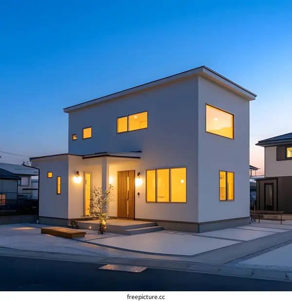 Modern White House with Warm Lights at Dusk