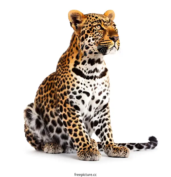 A beautiful leopard sits on a white background