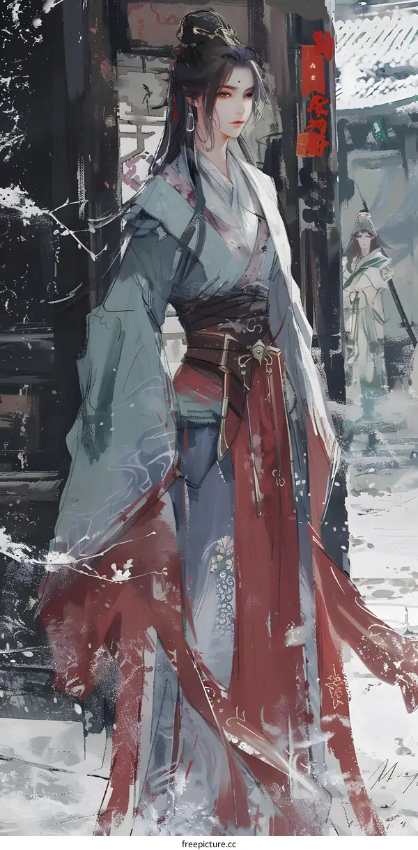 Beautiful Woman in Traditional Chinese Clothing Walking in Snowy Scene