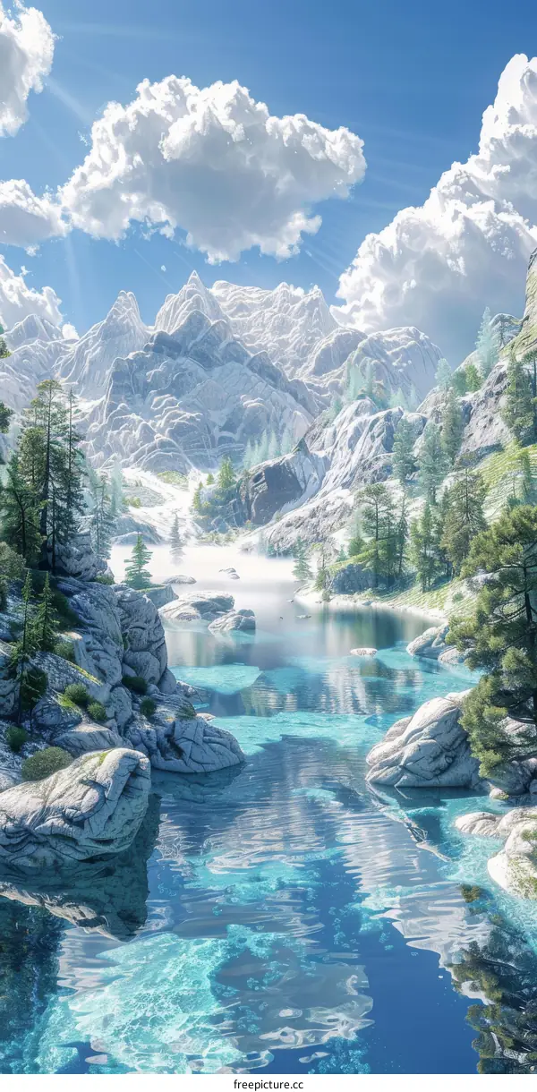 Mountain Lake Reflects Snow-Capped Peaks