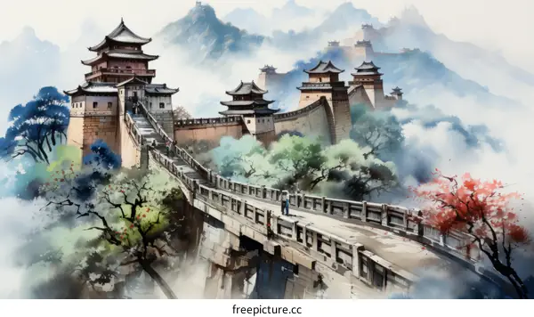 Chinese ink painting of the great wall