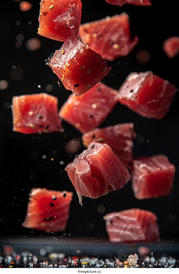 Falling pieces of raw tuna