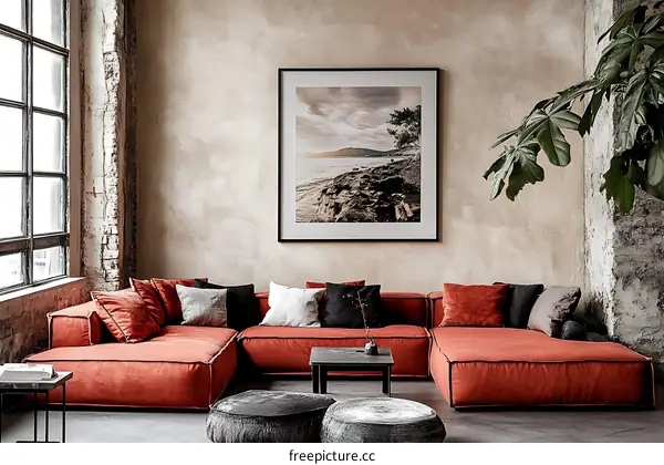 Rustic Modern Living Room with Orange Sofa