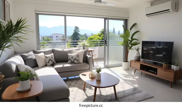 Modern Living Room with Large Windows and City View